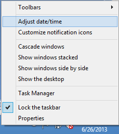 Taskbar Properties, Adjust Date and Time